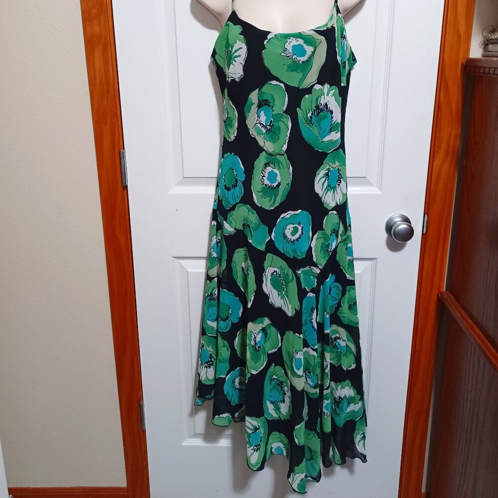 Vintage Rena Rowan Asymmetrical Spaghetti Strap Dress Green Blue Floral Size 12 - Picture 10 of 13